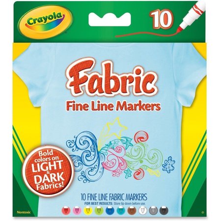 CRAYOLA Fabric Markers, Fine Line, Nontoxic, 10/ST, Assorted PK CYO588626